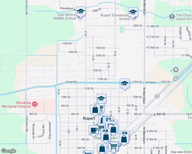 map of restaurants, bars, coffee shops, grocery stores, and more near 1202 G Street in Rupert