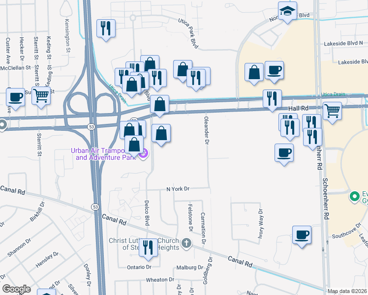 map of restaurants, bars, coffee shops, grocery stores, and more near 12350 Hall Road in Sterling Heights