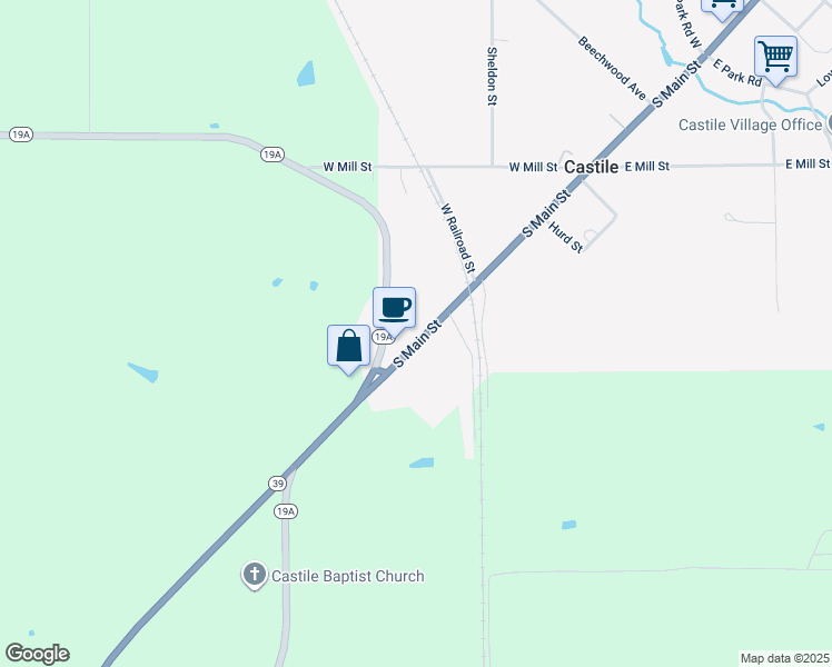 map of restaurants, bars, coffee shops, grocery stores, and more near 117 South Main Street in Castile