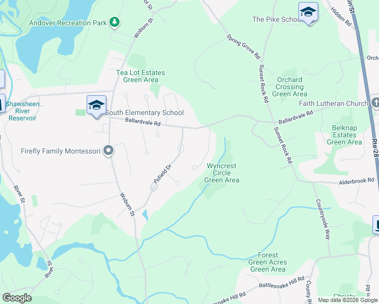 map of restaurants, bars, coffee shops, grocery stores, and more near 8 Enfield Drive in Andover