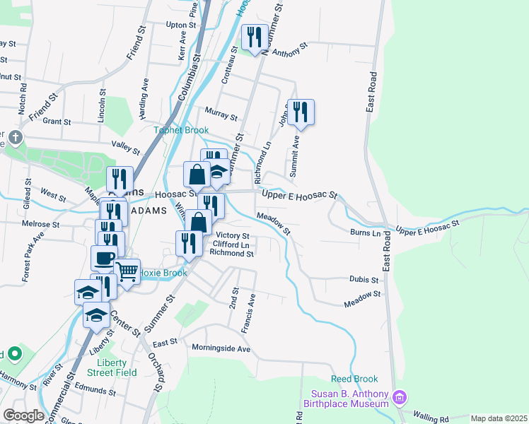 map of restaurants, bars, coffee shops, grocery stores, and more near 28 Meadow Street in Adams