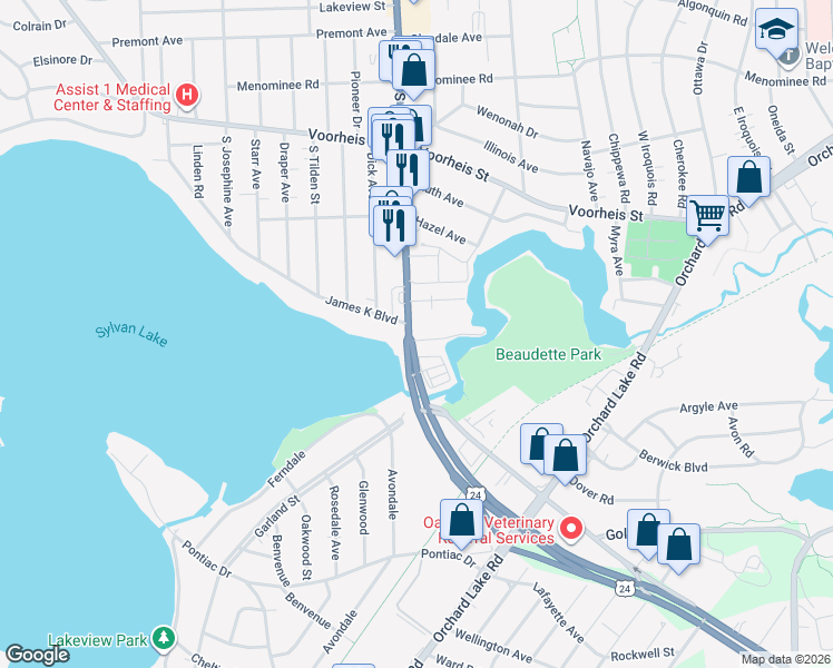 map of restaurants, bars, coffee shops, grocery stores, and more near 401 South Telegraph Road in Pontiac