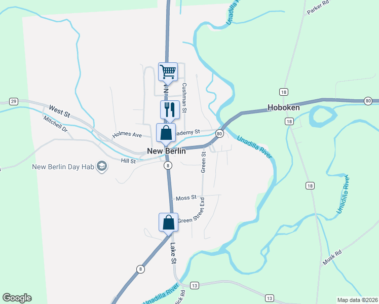 map of restaurants, bars, coffee shops, grocery stores, and more near 24 Genesee Street in New Berlin