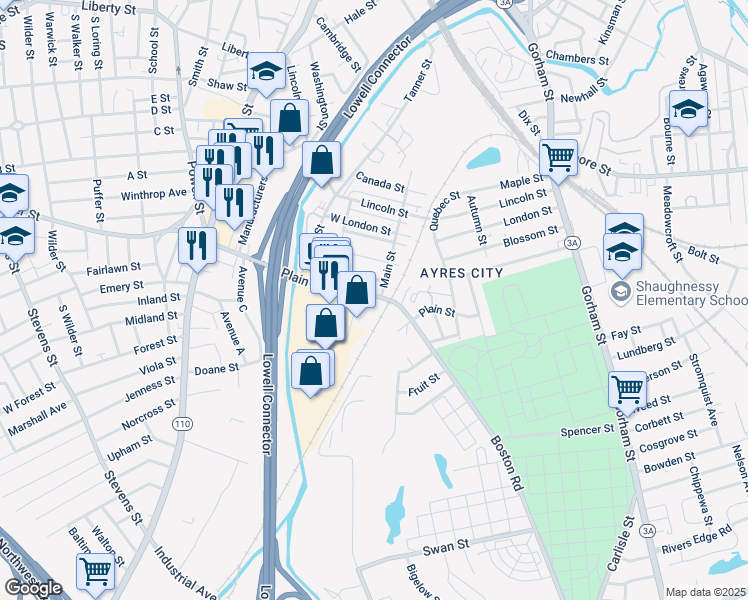 map of restaurants, bars, coffee shops, grocery stores, and more near 247 Plain Street in Lowell