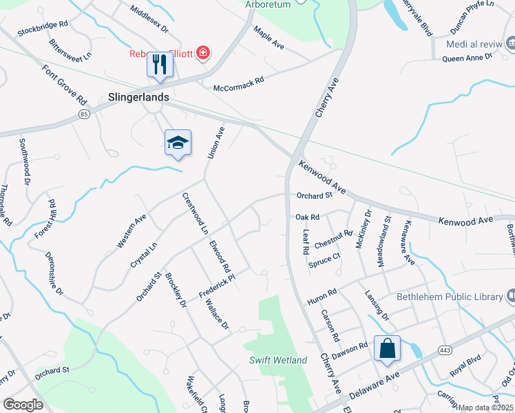 map of restaurants, bars, coffee shops, grocery stores, and more near 54 Orchard Street in Delmar