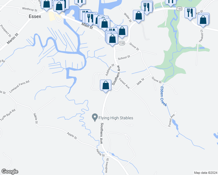 map of restaurants, bars, coffee shops, grocery stores, and more near 75 Southern Avenue in Essex