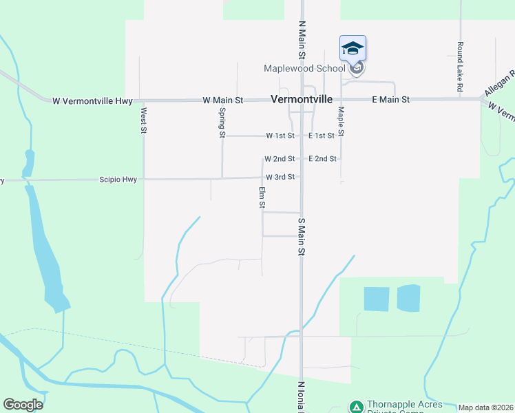 map of restaurants, bars, coffee shops, grocery stores, and more near 390 Elm Street in Vermontville