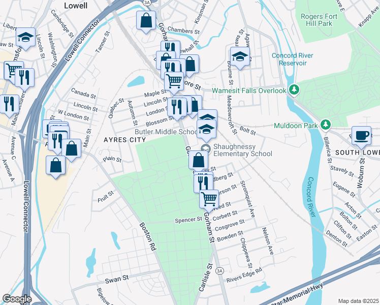 map of restaurants, bars, coffee shops, grocery stores, and more near 1158 Gorham Street in Lowell