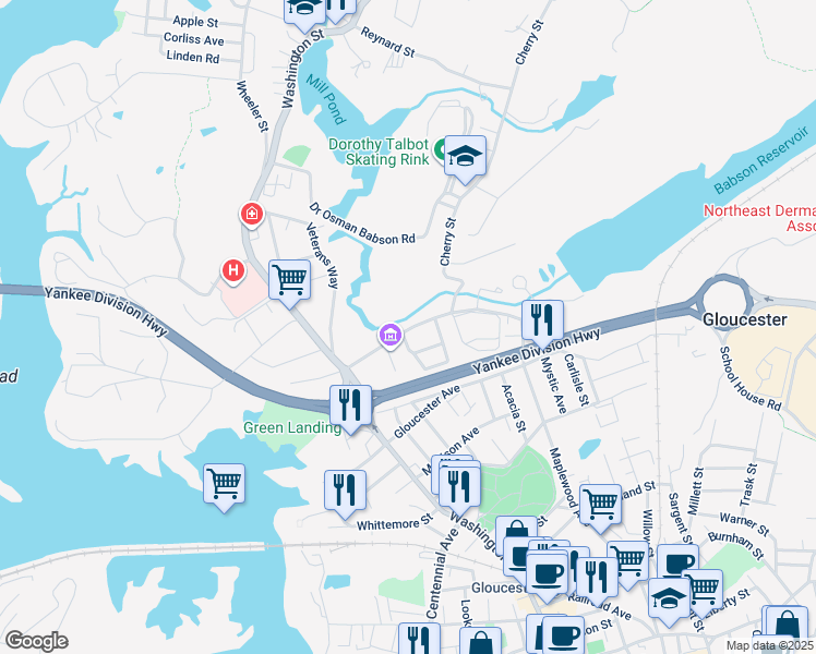 map of restaurants, bars, coffee shops, grocery stores, and more near 25 Poplar Street in Gloucester