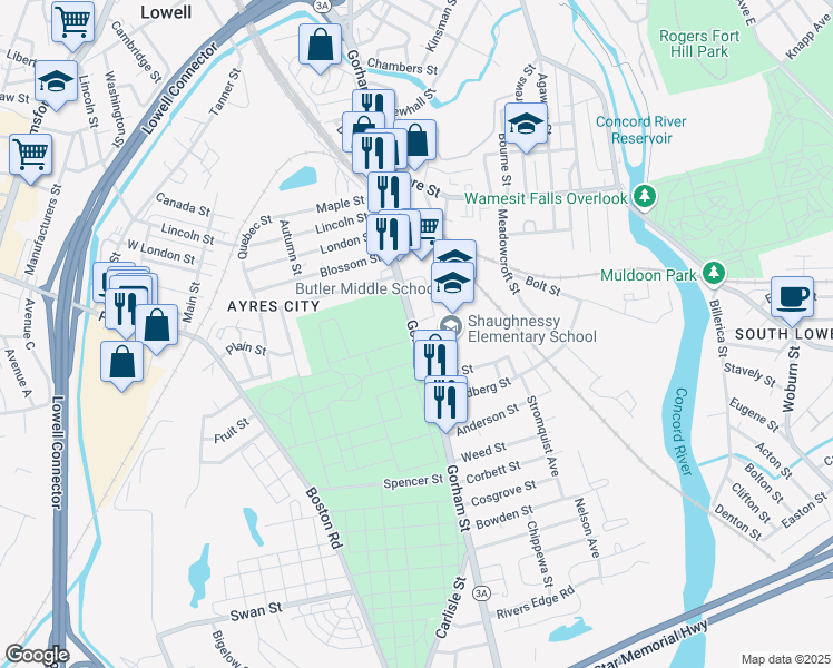map of restaurants, bars, coffee shops, grocery stores, and more near 1109 Gorham Street in Lowell