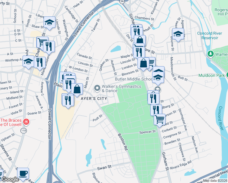 map of restaurants, bars, coffee shops, grocery stores, and more near 37 Court Street in Lowell