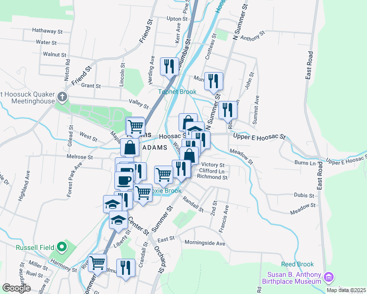 map of restaurants, bars, coffee shops, grocery stores, and more near 4 Weber Street in Adams