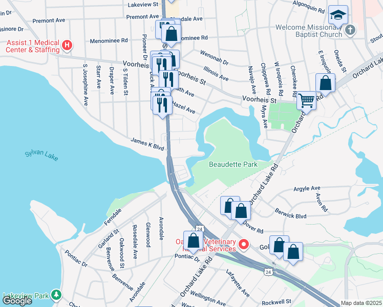 map of restaurants, bars, coffee shops, grocery stores, and more near 12 Riverbank Drive in Pontiac