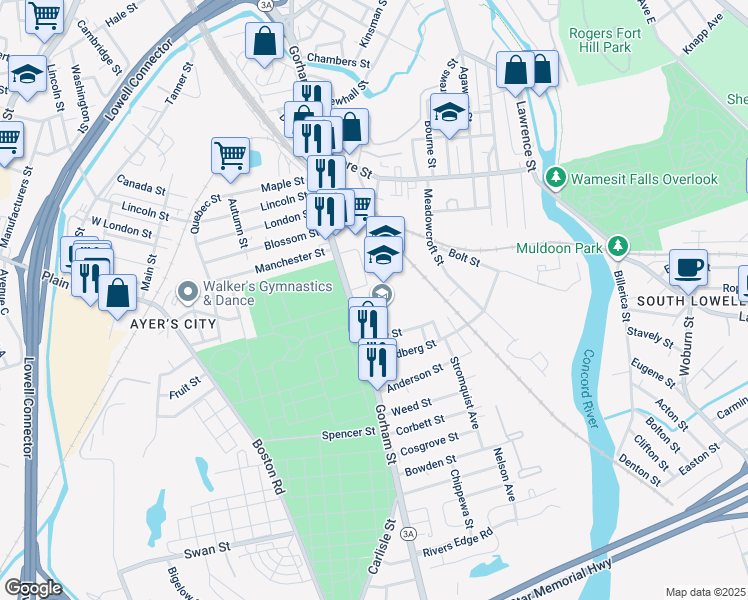 map of restaurants, bars, coffee shops, grocery stores, and more near 1158 Gorham Street in Lowell