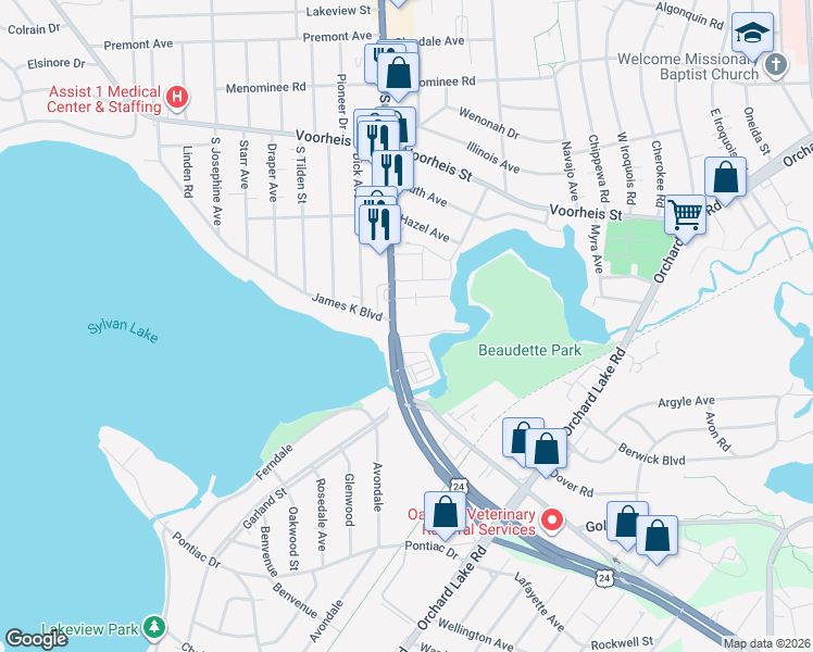 map of restaurants, bars, coffee shops, grocery stores, and more near 377 South Telegraph Road in Pontiac