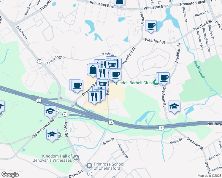 map of restaurants, bars, coffee shops, grocery stores, and more near 1 Courthouse Lane in Chelmsford