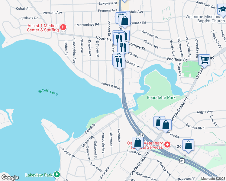 map of restaurants, bars, coffee shops, grocery stores, and more near 929 James K Boulevard in Pontiac