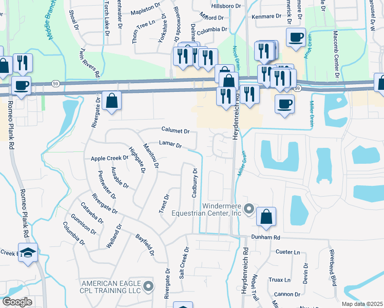 map of restaurants, bars, coffee shops, grocery stores, and more near 44370 Cadburry Drive in Clinton Township