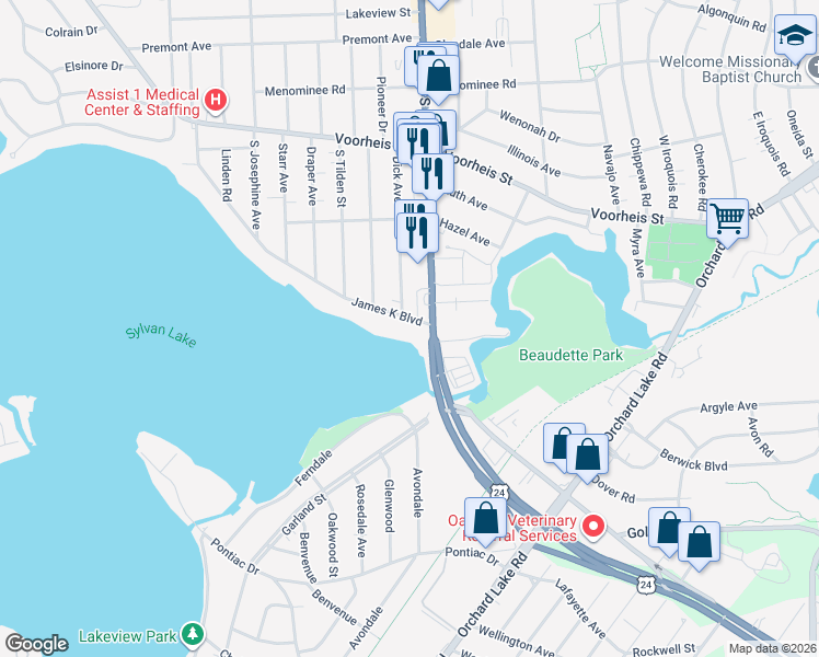 map of restaurants, bars, coffee shops, grocery stores, and more near 929 James K Boulevard in Pontiac