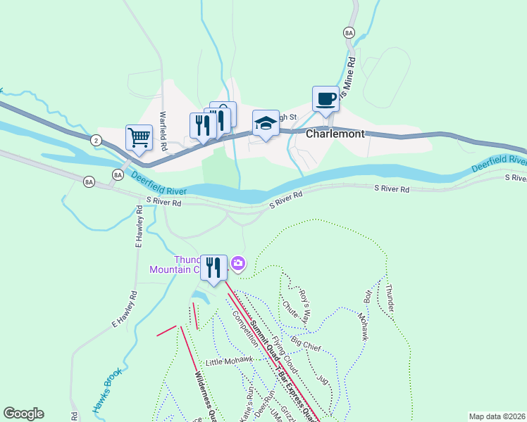 map of restaurants, bars, coffee shops, grocery stores, and more near 24 South River Road in Charlemont