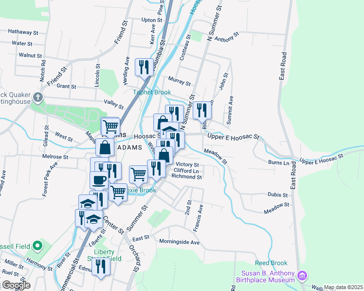 map of restaurants, bars, coffee shops, grocery stores, and more near 1 Conrad Street in Adams