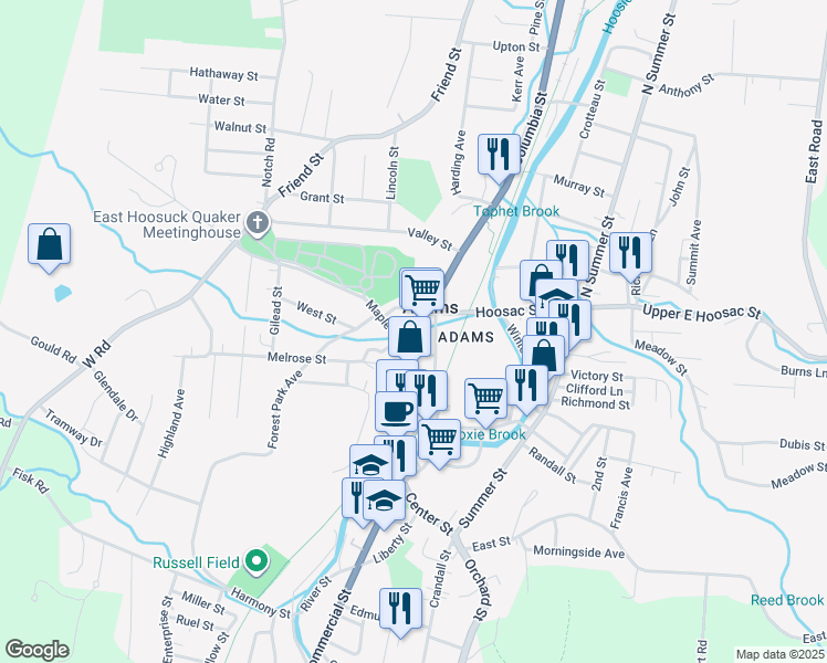 map of restaurants, bars, coffee shops, grocery stores, and more near 6 Columbia Street in Adams