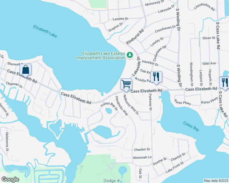 map of restaurants, bars, coffee shops, grocery stores, and more near 1037 Forest Bay Drive in Waterford Township