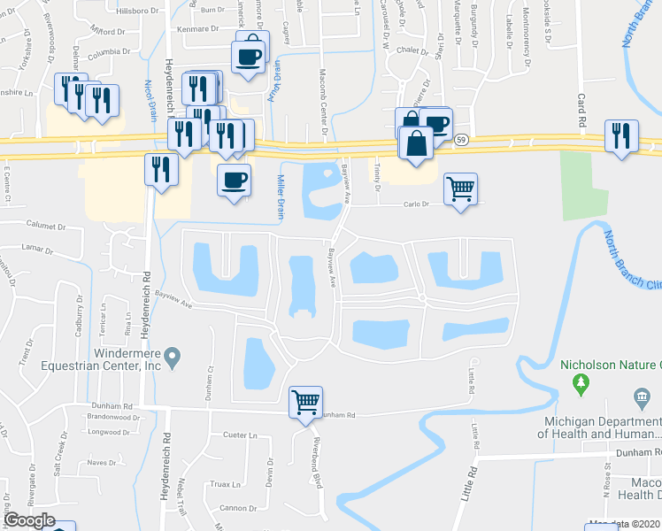 map of restaurants, bars, coffee shops, grocery stores, and more near 44285 Bayview Avenue in Clinton Township