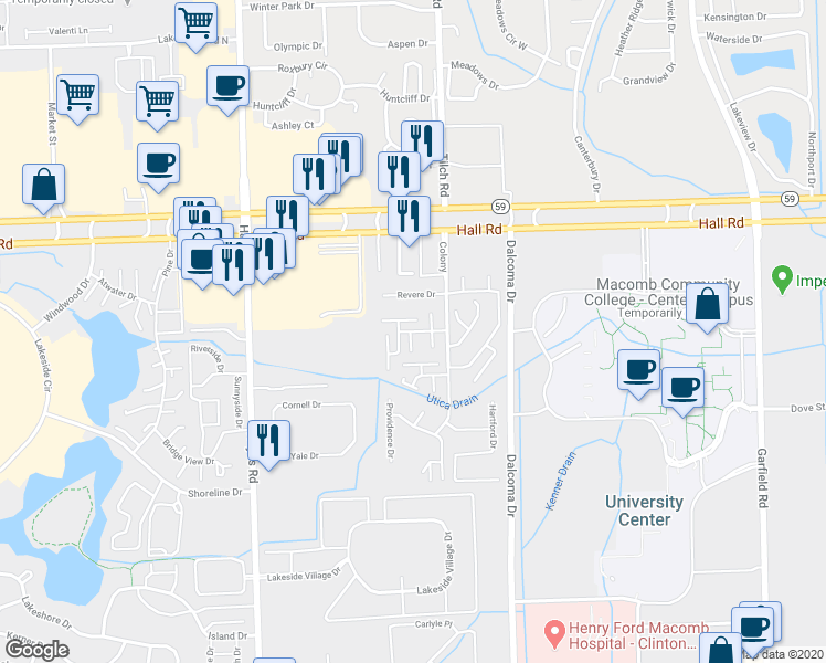map of restaurants, bars, coffee shops, grocery stores, and more near 15792 Cambridge Drive in Charter Township of Clinton