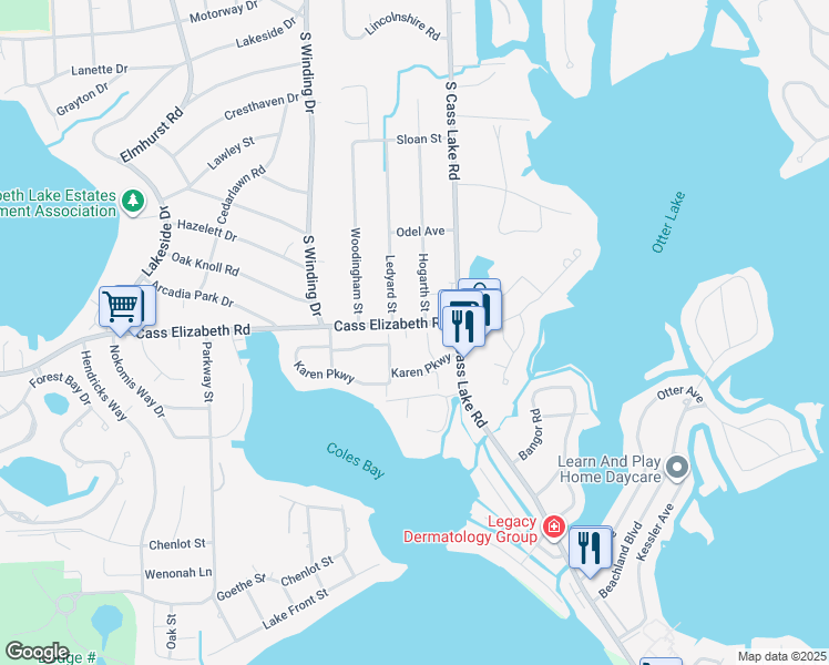 map of restaurants, bars, coffee shops, grocery stores, and more near 3520 Denise Court in Waterford Township