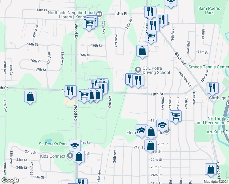map of restaurants, bars, coffee shops, grocery stores, and more near 2542 18th Street in Kenosha