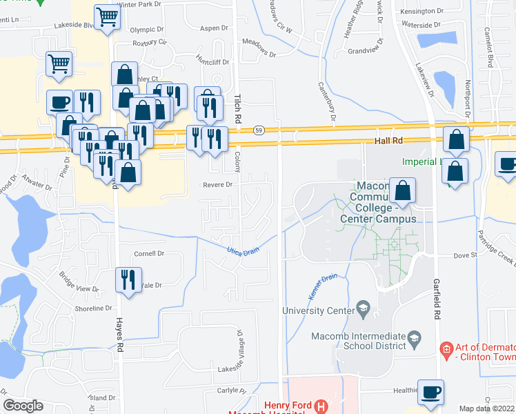 map of restaurants, bars, coffee shops, grocery stores, and more near 44516 Connecticut Court in Clinton Township