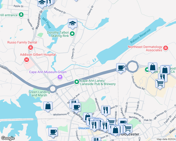 map of restaurants, bars, coffee shops, grocery stores, and more near 146 Maplewood Avenue in Gloucester