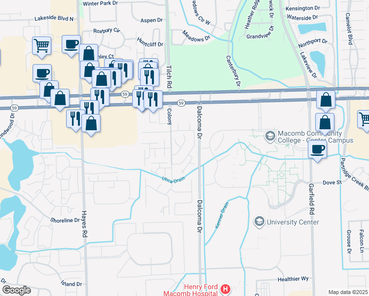 map of restaurants, bars, coffee shops, grocery stores, and more near 44516 Connecticut Court in Clinton Township