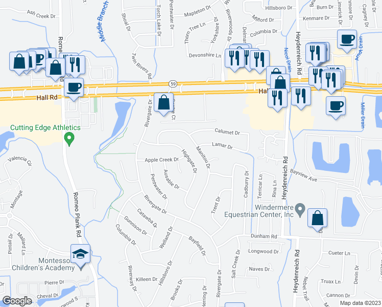 map of restaurants, bars, coffee shops, grocery stores, and more near 44300 Highgate Drive in Clinton Township