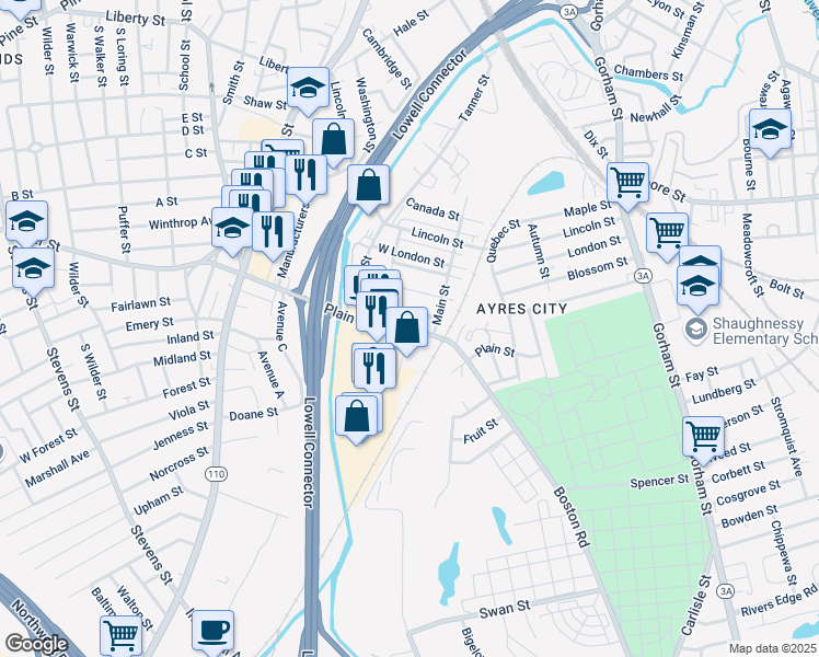 map of restaurants, bars, coffee shops, grocery stores, and more near 247 Plain Street in Lowell