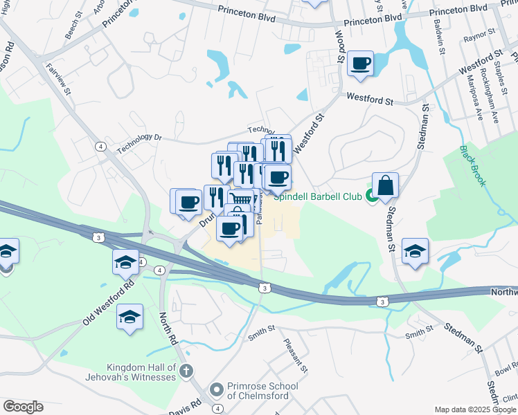 map of restaurants, bars, coffee shops, grocery stores, and more near 85 Parkhurst Road in Chelmsford