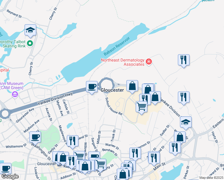 map of restaurants, bars, coffee shops, grocery stores, and more near in Gloucester