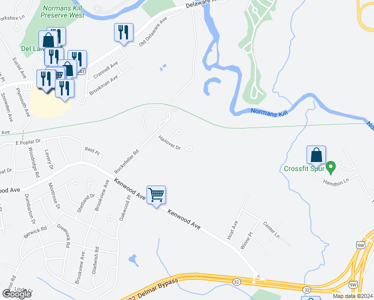 map of restaurants, bars, coffee shops, grocery stores, and more near 45 Hanover Drive in Delmar