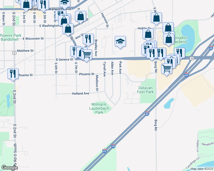 map of restaurants, bars, coffee shops, grocery stores, and more near 676 Tyrrell Avenue in Delavan