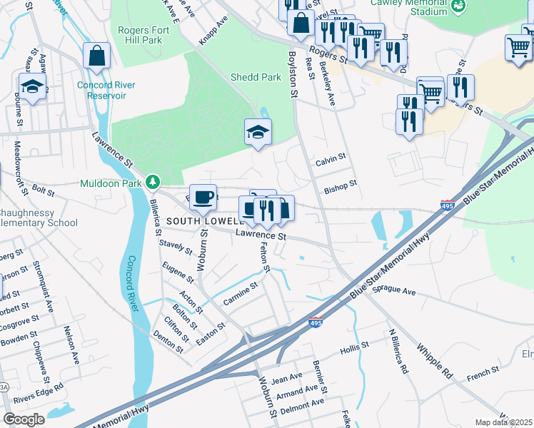 map of restaurants, bars, coffee shops, grocery stores, and more near 17 Rockingham Street in Lowell