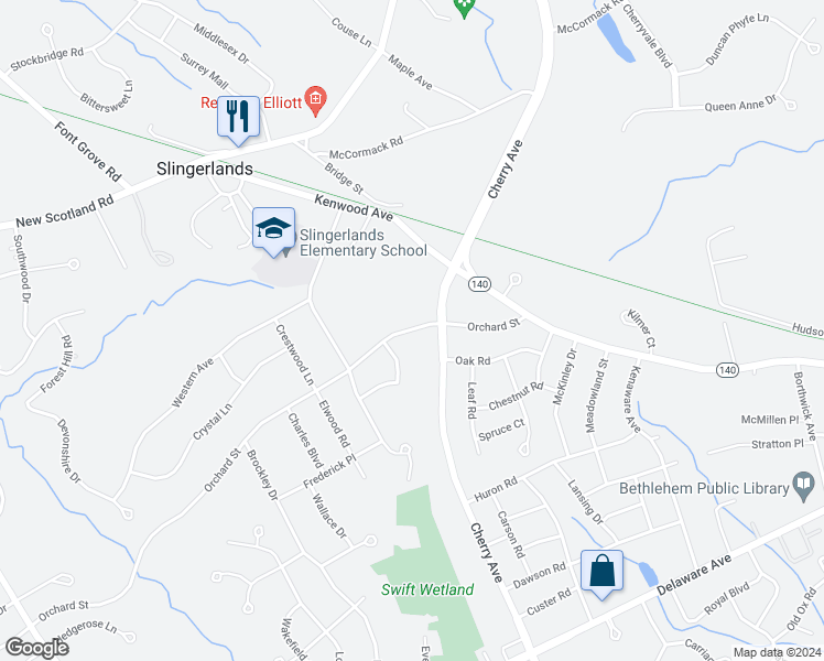 map of restaurants, bars, coffee shops, grocery stores, and more near 10 Magdalen Road in Delmar
