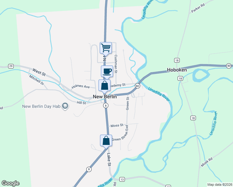 map of restaurants, bars, coffee shops, grocery stores, and more near 24 Genesee Street in New Berlin