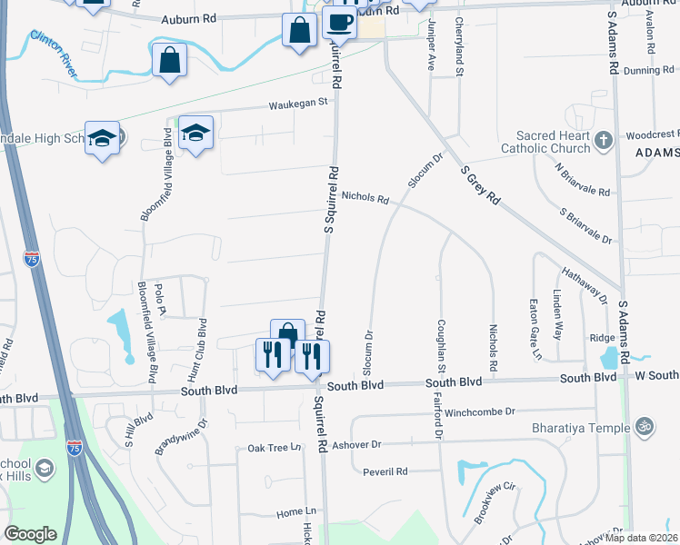 map of restaurants, bars, coffee shops, grocery stores, and more near 775 South Squirrel Road in Auburn Hills