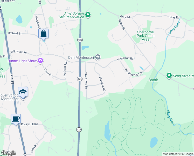 map of restaurants, bars, coffee shops, grocery stores, and more near 17 Sheridan Road in Andover