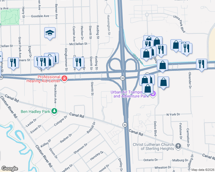 map of restaurants, bars, coffee shops, grocery stores, and more near 44652 Mathison Drive in Sterling Heights