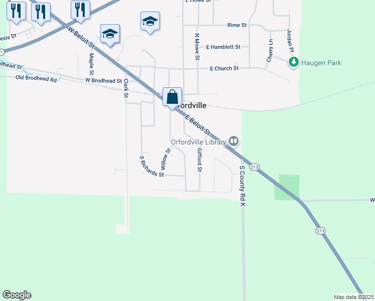 map of restaurants, bars, coffee shops, grocery stores, and more near 311 South Wright Street in Orfordville