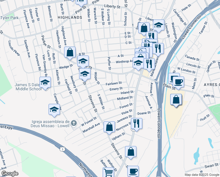 map of restaurants, bars, coffee shops, grocery stores, and more near 116 Inland Street in Lowell
