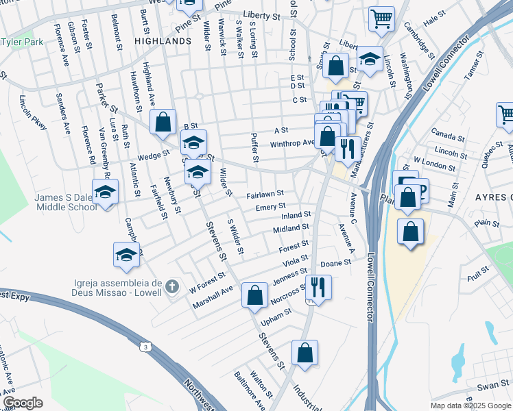 map of restaurants, bars, coffee shops, grocery stores, and more near 116 Inland Street in Lowell