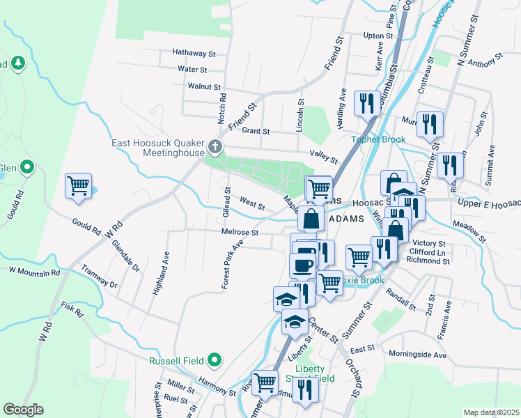 map of restaurants, bars, coffee shops, grocery stores, and more near 17 Forest Park Ave in Adams